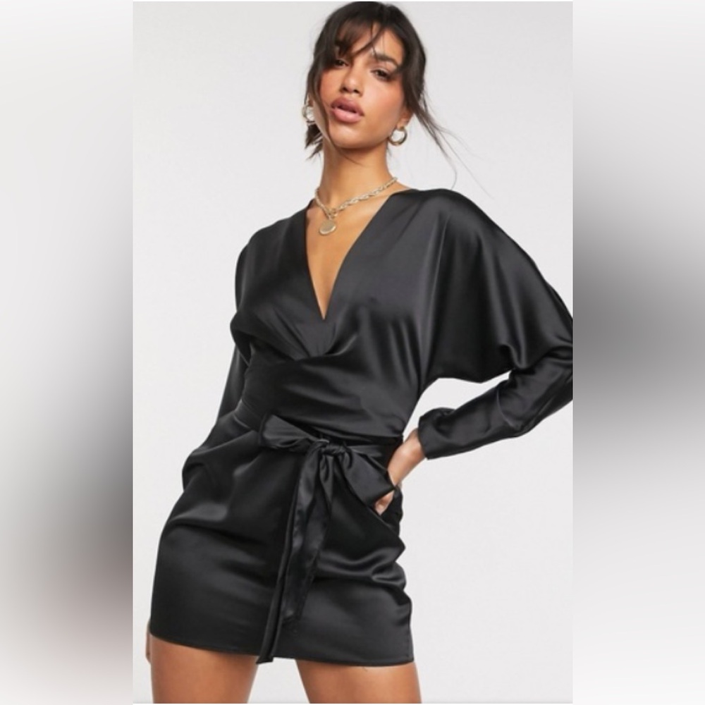 New ASOS Design Batwing Sleeve Satin Mini Dress With Waist Wrap